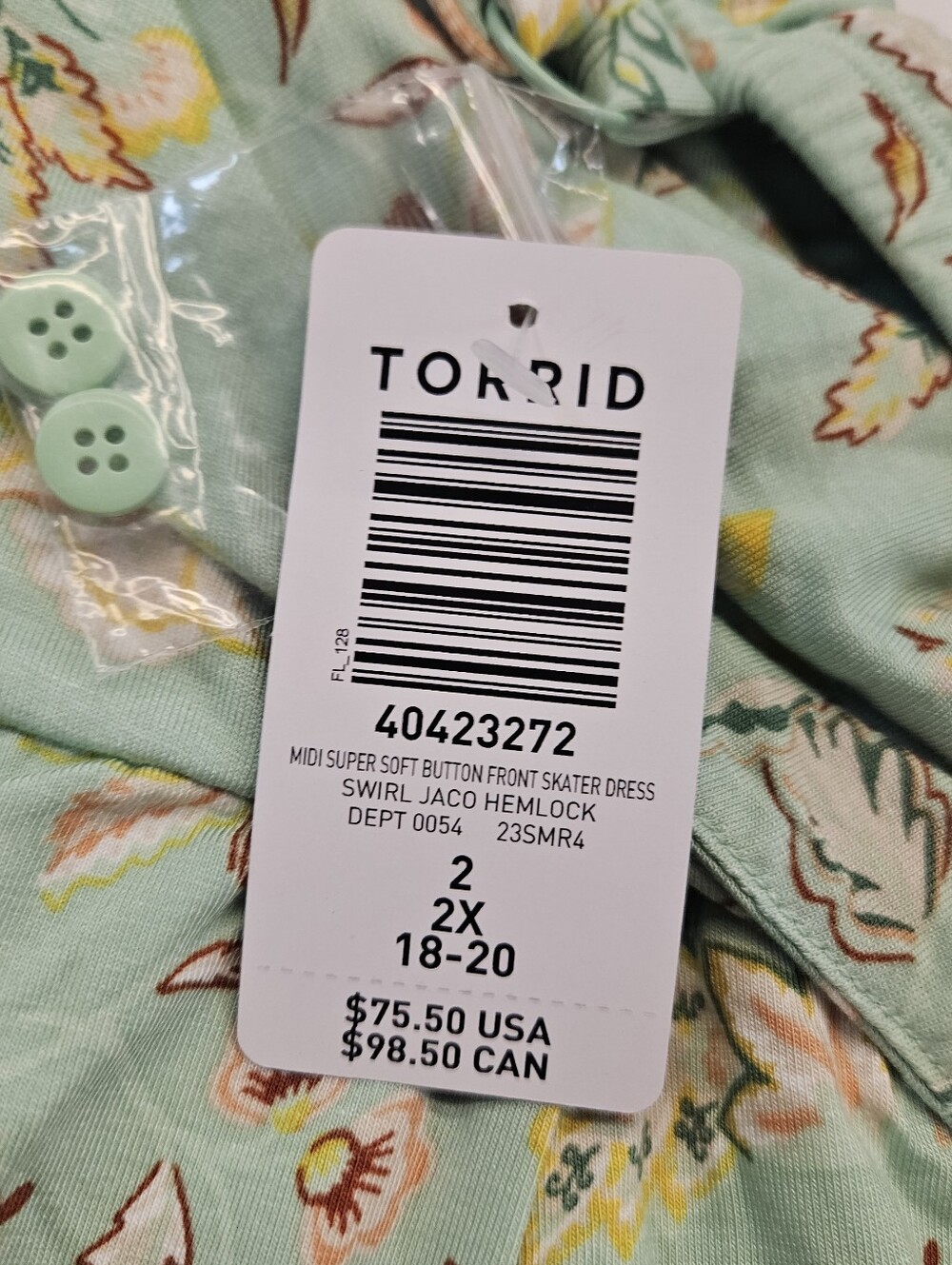 Torrid NWT Midi Super Soft Button-Front Skater Dress Size 2X Green Floral Pocket - Picture 9 of 12